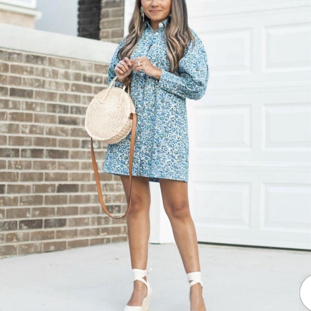 J. Crew Puff Sleeve Cotton Poplin Mini Shirtdress‎ Blooming Floral Misty Blue.